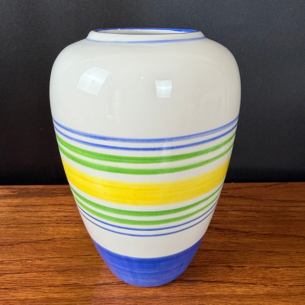 Vintage Striped Ceramic Vase Blue Yellow Green Cottagecore Grannycore MCM 4381‎